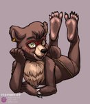 2024 5_fingers 5_toes anthro armlet artist_name bear belt biped black_nose bracelet brown_body brown_claws brown_ears brown_fur brown_tail casual_nudity child claws ear_piercing ear_ring eyelashes facial_markings fangs feet female female_anthro fingers fur grey_background head_markings head_tuft itsymitsy jewelry looking_at_viewer lying mammal markings multicolored_body multicolored_fur nude nude_anthro nude_female on_front open_mouth piercing pink_tongue plantigrade red_markings ring_piercing shasta_(marcushunter) short_tail simple_background snout soles solo tail tan_body tan_fur teeth text the_pose toe_claws toes tongue tribal tribal_markings tuft two_tone_body two_tone_fur url watermark whisker_spots yellow_eyes young young_anthro young_female