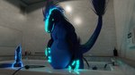 16:9 3d_(artwork) anthro bathroom bathtub belly belly_expansion belly_inflation big_belly blender_(artwork) blue_body blue_eyes blue_feathers blue_markings blue_skin claws digital_media_(artwork) dildo dinosaur dromaeosaurid expansion feathers female genitals glowing glowing_eyes glowing_genitalia glowing_markings glowing_tongue hi_res hose hose_in_butt hose_inflation inflation markings mirror niko_stargazer nikostargazer nude prehistoric_species reptile scalie sex_toy solo tail teeth theropod tongue towel velociraptor widescreen