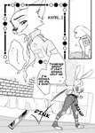 absurd_res anthro atlantica0208 bed bedroom black_and_white blush canid canine clothing comic daydream dialogue disney duo ears_down english_text female fox furniture hard_translated hi_res judy_hopps lagomorph leporid male mammal monochrome necktie nick_wilde pivoted_ears police police_uniform rabbit red_fox text throwing_object translated true_fox uniform zootopia