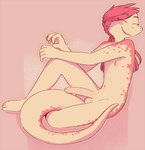 anthro balls big_penis conditional_dnp erection eyes_closed femboy foreskin funkybun genitals hair happy humanoid_genitalia humanoid_penis lizard long_hair long_penis male nipples noah_(funkybun) nude penis pink_background pink_body pink_hair pink_skin ponytail reptile scalie simple_background sitting smile solo undercut