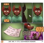 :3 aamon_(james_howard) anthro bat blush clothed clothing comic demon digital_media_(artwork) domestic_cat drawing english_text felid feline felis fishnet_clothing fishnet_legwear genitals group hi_res imp james_(james_howard) james_howard legwear male mammal note penis reggie_(james_howard) solo_focus text url