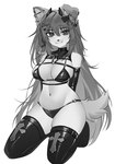 2023 2_horns anthro bitterk4t breasts button_ears canid canine canis clothed clothing curvy_figure digital_drawing_(artwork) digital_media_(artwork) domestic_dog ear_piercing ear_ring female floppy_ears fur hair hi_res horn kneeling legwear looking_at_viewer mammal navel piercing ring_piercing simple_background smile solo tail thigh_highs voluptuous white_background