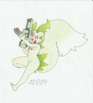 absurd_res anthro anthrofied empty_eyes featureless_chest featureless_crotch female forehead_gem foxydraws gem green_body gun happy hi_res holding_gun holding_object holding_ranged_weapon holding_weapon leaf leaf_ears lifmunk nude open_mouth pal_(species) palworld pocketpair ranged_weapon red_eyes running simple_background solo submachine_gun traditional_media_(artwork) weapon white_background