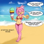 1:1 2024 absurd_res allola1101 amy_rose anthro beach beach_background breasts clothing dessert dialogue digital_drawing_(artwork) digital_media_(artwork) english_text eulipotyphlan eyelashes eyes_closed female food hedgehog hi_res ice_cream mammal navel open_mouth pink_body sea sega smile solo sonic_the_hedgehog_(series) swimwear tail text two-piece_swimsuit walking water weight_gain_drive