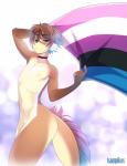 2019 5_fingers ambiguous_gender anthro brown_eyes brown_hair colored countershading digital_media_(artwork) female_(lore) fingers flag flag_(object) genderfluid_pride_colors hair hi_res holding_flag holding_object lgbt_pride mammal mikhaila_kirov mustelid nipples nude otter pride_color_flag pride_colors solo standing tsampikos