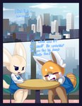 absurd_res aggretsuko ailurid ambiguous_gender anthro blue_border bodily_fluids border bottomwear canid canine city cityscape clothed clothing comic crying dialogue duo english_text female fennec_fox fenneko fox fur furniture hi_res hyena maehdoggie mammal open_mouth red_panda retsuko sanrio sitting skirt table tears text topwear true_fox work_uniform