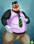 2021 anthro black_body black_nose bottomwear clothing dirty-palms disney felid feline goof_troop hi_res humanoid_hands male mammal necktie overweight overweight_male pants pete_(disney) peter_pete_sr. shirt simple_background solo topwear uvula