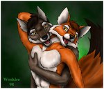 1998 abs anthro biped canid canine canis digital_media_(artwork) duo fox hug hugging_another hugging_from_behind male male/male mammal open_mouth pec_grab pecs shaded soft_shading tail wolf wooky yellow_eyes