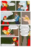 2:3 anthro avian beak bird chazster clothing comic duo english_text eyewear feathers female forest glasses green_eyes hair hi_res human light_realm light_realm:_artificial_island lisa_accardo_(light_realm) long_hair male mammal owl plant quill_agatha_(light_realm) red_body red_feathers shirt speech_bubble text topwear tree tunic uniform