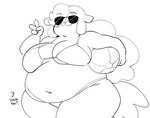 2023 anaugi anthro ball beach_ball belly_overhang big_breasts bikini black_and_white bovid breasts caprine clothing english_text eyewear female gesture hair hair_over_eye hand_gesture holding_object huge_hips huge_thighs inflatable mammal midriff monochrome navel one_eye_obstructed overweight overweight_female sheep shep_(anaugi) signature simple_background sketch smile solo sunglasses swimwear text thick_thighs two-piece_swimsuit v_sign white_background wide_hips