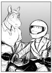 anthro armor bill_(hladilnik) biped black_and_white bmw bmw_r1200_gs border bovid caprine clothed clothing comic driving duo equid equine female greyscale headgear helmet hi_res hladilnik jane_doe_(hladilnik) lagomorph male mammal monochrome motorcycle sheep sketch smile topwear vehicle white_border zebra