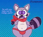 anthro belly big_ears bulge clothing hi_res indigo_park kerchief looking_at_viewer male mammal navel neckerchief open_mouth overweight overweight_anthro overweight_male procyonid purple_eyes raccoon rambley_raccoon short_fingers solo teapot_(body_type) text thick_thighs toony tunemon underwear wide_hips