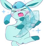 2022 ambiguous_gender blush blush_lines bodily_fluids digital_media_(artwork) eeveelution eyes_closed fangs floating fur generation_4_pokemon glaceon holding_object ice kemono nintendo open_mouth pawpads paws pink_blush pokemon pokemon_(species) shaded simple_background simple_shading solo sparkles suro113 sweat sweatdrop teeth three-quarter_view wavy_mouth white_background