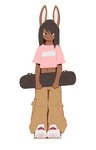 anthro biped black_hair bottomwear brown_body clothed clothing femboy front_view hair hi_res holding_object janis_(twang) lagomorph leporid looking_at_viewer male mammal navel oversized_bottomwear oversized_clothing oversized_pants pants rabbit simple_background skateboard smile solo streetwear twang vehicle white_background