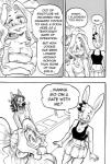 anthro bandage breasts cleavage clothed clothing comic daigaijin dialogue english_text equid equine female furryfight_chronicles greyscale group haplorhine hi_res lagomorph leporid male mammal monkey monochrome muko primate rabbit speech_bubble tasha_(furryfight_chronicles) text zebra zebreastian