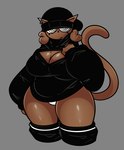 absurd_res anthro beanie belly big_breasts black_clothing black_hat black_headwear black_legwear black_sweater black_thigh_highs black_topwear breasts brown_body brown_fur brown_hair cleavage_cutout clothed clothing cutout digital_media_(artwork) domestic_cat ear_piercing ear_ring eyelashes felid feline felis female fully_clothed fur grey_background hair hat headgear headwear hi_res legwear limeslemonades looking_at_viewer mammal panties piercing portrait raised_tail reese_(probablydemo) ring_piercing simple_background slightly_chubby solo spiral_eyes standing sweater tail thick_thighs thigh_highs three-quarter_portrait three-quarter_view topwear trans_(lore) trans_woman_(lore) underwear white_clothing white_panties white_underwear wide_hips