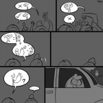 1:1 anthro avian bird bovid caprine car comic deer dialogue digital_media_(artwork) duo_focus ellipsis exclamation_point female food grey_background group hiding inside_car inside_vehicle lying male mammal meat monochrome night on_back owl pictographics plant sausage scared sheep simple_background sky slypon star starry_sky suggestive tom_(ehs) tree vehicle