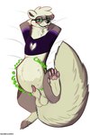 abdominal_bulge after_vore animal_genitalia anthro balls blush bottomless bottomless_anthro bottomless_male clothed clothing crop_top_only digestion_noises domestic_ferret erection eyewear genitals glasses green_eyes hi_res looking_at_viewer lying male mammal milo_(slimyjaws) mustelid musteline nonbinary_(lore) on_back oral_vore sheath simple_background slimyjaws solo true_musteline vore weasel