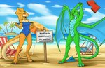 agamid animal_genitalia anthro beach blush clothing discrimination dragon dreyk-daro duo embarrassed exhibitionism female forced forced_exposure fridis frilled_lizard frilly_(empress_of_ireland) genital_slit genitals green_body green_scales hi_res lizard male mythological_creature mythological_scalie mythology nude one-piece_swimsuit orange_body orange_scales public reptile scales scalie signpost sky skyscape swimming_trunks swimwear tail undressing water