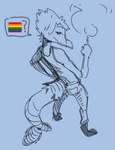 anthro bent_arm biped bottomwear buffysaintfury cigarette clothing dinosaur dromaeosaurid eyebrows feathered_tail feathers footwear goodbye_volcano_high hair hi_res high-angle_view lgbt_pride looking_at_viewer male monochrome pants pockets prehistoric_species pride_colors pride_flag_question_mark question_mark rainbow_pride_colors raised_eyebrows reed_(gvh) reptile scalie shaded shirt shoes short_hair simple_background six-stripe_rainbow_pride_colors smoke smoking solo speech_bubble tail tank_top theropod topwear velociraptor