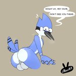 1:1 2024 4_fingers anthro avian backsack balls beak big_balls biped bird black_beak blue_body blue_tail_feathers blush bodily_fluids butt cartoon_network corvid dialogue english_text exclamation_point feathers fingers genitals jay_(bird) jbun07 looking_at_viewer male mordecai_(regular_show) multicolored_body musky_butt nervous_smile nervous_sweat new_world_jay non-mammal_balls nude open_beak open_mouth oscine passerine rear_view regular_show signature simple_background solo speech_bubble surprised_expression sweat sweatdrop tail tail_feathers tan_background teeth text two_tone_body white_balls white_body white_butt