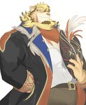 anothereidos_of_dragon_vein_r anthro belt blonde_hair blush bottomwear clawed_fingers clothing coat felid fur hair hi_res kani_1976 kerchief khaki_pants leonhart_(anothereidos_r) lion male mammal mane neckerchief orange_body orange_fur pantherine pants pirate pirate_hat solo topwear white_body white_fur