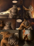 3:4 alectorfencer amon_(rukis) anthro apology barefoot blue_eyes canid canine canis claws clothed clothing collar comic dhaval_(character) dialogue digital_media_(artwork) duo ear_piercing english_text facial_piercing feet felid fur grey_body grey_fur hug jackal male mammal metal_collar nose_piercing pantherine piercing red_lantern rukis speech_bubble stripes tail tan_body tan_fur text tiger topless whiskers