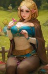 5_fingers accessory blonde_hair breasts cleavage clothed clothing detailed_background duo ear_piercing ear_ring elf female female_focus fingers fire flower flower_in_hair grass green_eyes hair hair_accessory hairclip hi_res holding_flower holding_object humanoid humanoid_pointy_ears hylian kittew light_body light_skin link lipstick makeup male musical_note musical_symbol nintendo not_furry outside piercing plant princess_zelda ring_piercing signature sitting solo_focus symbol tears_of_the_kingdom text the_legend_of_zelda url