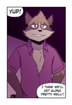 anthro border clothed clothing comic ear_piercing english_text hi_res julian_(t0l0k) male mammal open_clothing open_shirt open_topwear piercing procyonid raccoon shirt smile smirk solo t0l0k text topwear white_border