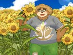 anthro bear belly brown_body brown_fur clothing detailed_background eyewear flower flower_field fur glasses hat headgear headwear hi_res lifewonders male mammal overweight plant solo straw_hat sunflower tokyo_afterschool_summoners volos_(tas) yaki_atsuage