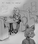 alternative_fashion anthro black_and_white black_bottomwear black_clothing black_pants boots bottomwear cafe canid canine canis clothing comic comic_panel date dating dialogue dog_boy_(mevka) domestic_dog duo english_text female footwear fox fox_girl_(mevka) furniture goth male mammal mevka_(artist) monochrome pants romantic romantic_couple shoes size_difference smile speech_bubble table text