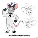 1:1 2024 anthro black_body black_fur blue_eyes buckteeth disney entering_public_domain fur gesture hi_res male mammal mickey_mouse mickey_mouse_(travis_the_dragon) model_sheet mouse murid murine pawpads rat_tail rodent sailor_uniform salute solo steamboat_willie tail teeth travis_the_dragon