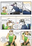 anthro bottomwear clothing comic dialogue english_text felid gym_pals h155296 hi_res male mammal myosotis_(gym_pals) pal_(gym_pals) pantherine shirt shorts tank_top text tiger topwear