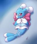 2016 blue_body blue_skin blush bodily_fluids brionne clothing eyelashes fangs female feral generation_7_pokemon genital_fluids genitals hi_res looking_at_viewer mammal marine nintendo open_mouth pink_nose pinniped pokemon pokemon_(species) pussy ribbons shikaro simple_background smile solo teeth vaginal_fluids