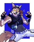 2023 anthro armpit_hair belt body_hair bottomwear brown_body brown_fur canid canine canis clothed clothing digital_media_(artwork) duo ear_piercing ear_ring epic_games eyebrows fingerless_gloves fluchinick fortnite fully_clothed fur furgonomic_headwear furgonomics glistening glistening_bottomwear glistening_clothing glistening_shorts gloves handwear hat headgear headwear hi_res male mammal open_mouth open_smile piercing ring_piercing rodent scar sciurid shorts smile sparkles tan_body tan_fur teeth tongue topwear tree_squirrel vest walnut_(fortnite) wendell_(fortnite) wolf yellow_sclera