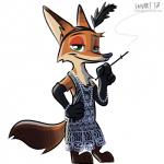 1:1 2017 3_toes 4_fingers anthro armwear barefoot big_eyes big_head biped black_clothing brown_body brown_fur canid canine cigarette cigarette_holder clothed clothing crossdressing dipstick_ears dipstick_tail disney dress ear_markings elbow_gloves fanartiguess feathers feet fingers fox full-length_portrait fully_clothed fur gem gloves half-closed_eyes hand_on_hip handwear hi_res holding_object jewelry male mammal markings multicolored_body multicolored_ears multicolored_fur multicolored_tail narrowed_eyes naughty_face necklace nick_wilde orange_body orange_fur pearl_(gem) pearl_necklace portrait red_fox signature simple_background smile smoke solo standing tail tail_markings tan_body tan_fur text toes toony true_fox url white_background zootopia