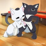 1:1 anthro apron black_body black_fur clothing domestic_cat duo felid feline felis female fur godforgiveme4 hana_(red_cat_ramen) hi_res looking_pleasured male mammal masturbation red_cat_ramen sabu_(red_cat_ramen) smug_face white_body white_fur