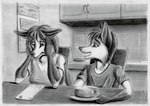 adolescent adult_(lore) alex_(syntech) anthro brother_(lore) brother_and_sister_(lore) cake calendar canid canine comforting dessert duo exam female food fox fur hi_res inside kitchen maja_(syntech) male male/female mammal monochrome red_fox rhazzazor sibling_(lore) sister_(lore) syntech true_fox white_body white_fur worried young