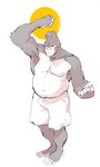 2024 anthro ape arm_tuft armpit_hair barazoku barefoot belly biceps body_hair bottomwear brukajones clothed clothing drawstring elbow_tuft feet flexing flexing_bicep gorilla haplorhine hi_res looking_at_viewer male mammal manly musclegut muscular navel nipples pecs primate shorts shorts_only simple_background solo standing topless tuft white_background