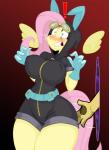 2017 4_fingers anthro belt big_breasts blush breasts butt_slap clothed clothing digital_media_(artwork) discord_(mlp) equid equine exclamation_point eyelashes eyewear female fingers floating_wings fluttershy_(mlp) friendship_is_magic gloves goggles gradient_background hair handwear hasbro jrvanesbroek mammal my_little_pony mythological_creature mythological_equine mythology nipple_outline paws pegasus pink_hair portal simple_background slap smack solo spanking standing surprise teeth thick_thighs tight_clothing unusual_anatomy unusual_wings wide_hipped_female wide_hips wings