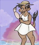 2019 anthro biped bovid bovine breasts broken_horn brown_body brown_fur cattle chest_tuft claws clothed clothing cloud cybernetic_arm cybernetic_limb digital_media_(artwork) dress female fur grey_hair grey_horn hair hat headgear headwear hi_res horn mammal manitka manitka_(character) open_mouth outside prosthetic prosthetic_arm prosthetic_limb seaside simple_background sky small_breasts smile solo sun_hat sunset tail teeth tongue tuft water white_background white_clothing white_dress