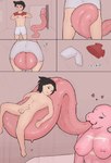 absurd_res akoqev anthro balls big_tongue black_hair bodily_fluids breasts clothing comic dressing duo exclamation_point female female_on_human generation_1_pokemon genitals hair heart_symbol hi_res human human_on_anthro interspecies larger_anthro larger_female lickitung lifting lifting_partner long_tongue looking_at_another looking_at_partner male male/female mammal markings nintendo nipples nude penis pink_body pokemon pokemon_(species) pokemorph pokephilia question_mark saliva saliva_on_tongue size_difference smaller_human smaller_male smile tongue tongue_out tongue_play undressing