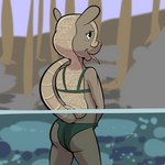 1:1 2023 anthro armadillo bikini clothed clothing female forest hand_in_bottomwear kaylee_(study_partners) mammal masturbation obscured_masturbation partially_submerged pink_nose plant solo study_partners swimwear tail thunderouserections tree two-piece_swimsuit underwater vaginal vaginal_masturbation water waterline_view xenarthran