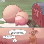 1:1 absurd_res anthro areola barn belly big_belly big_breasts bodily_fluids breasts brown_body brown_fur deer dialogue duo english_text excessive_lactation exposed_breasts farmer female female_focus fur grass hi_res huge_belly huge_breasts hyper hyper_belly hyper_breasts hyper_lactation hyper_nipples hyper_pregnancy lactating male mammal milk milk_on_ground nipples nude pitchfork plant pregnant sally_(somekindofsnake) solo_focus somekindofsnake speech_bubble talking_to_another text tools