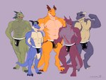 anthro blue_body blue_scales bosc_(grove) clothing dragon green_body green_scales group grove_(game) hi_res horn jaler_(regalbuster) kuno_(regalbuster) lacsap_tong male musclegut muscular muscular_male mythological_creature mythological_scalie mythology nipples orange_body orange_scales purple_body purple_scales red_body red_scales rinnal_(regalbuster) scales scalie tail tuon_(grove) underwear