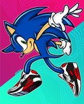 2019 5_fingers abstract_background anthro artist_name black_nose black_outline blue_body clothing eulipotyphlan fingers footwear full-length_portrait gloves goldhedgehog green_eyes handwear hedgehog hi_res looking_at_viewer male mammal on_model outline parody portrait pose sega shoes smile smiling_at_viewer sneakers solo sonic_adventure sonic_the_hedgehog sonic_the_hedgehog_(series) white_clothing white_gloves white_handwear