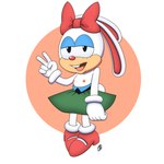 accessory anthro bottomwear bow_ribbon breasts buckteeth carrotia_the_rabbit_(archie_sonic) clothing female flashing flashing_breasts gesture hair_accessory hair_bow hair_ribbon hand_gesture hi_res innotsu makeup nipples ribbons sega skirt small_breasts solo sonic_the_hedgehog_(series) teeth thin_calves tired_eyes v_sign