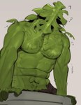 2023 abs biceps body_hair digital_media_(artwork) dirt elemental_creature elemental_humanoid flora_fauna green_body grey_background happy_trail hi_res humanoid kogito male monstera muscular muscular_humanoid muscular_male not_furry pecs plant plant_humanoid question_mark simple_background solo