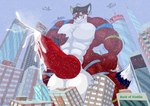 anthro balls big_balls big_penis bodily_fluids body_size_growth canid canine city city_destruction cum ejaculation fox genital_fluids genitals growth hi_res huge_balls huge_penis hyper hyper_balls hyper_genitalia hyper_penis ilia_(character) iliakitsune macro male mammal muscle_growth muscular penis size_transformation snow snowing transformation