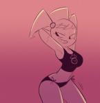 breasts clothed clothing female grin herny hi_res humanoid jenny_wakeman looking_back machine midriff monochrome my_life_as_a_teenage_robot nickelodeon not_furry panties pink_theme robot robot_humanoid shirt simple_background skimpy smile solo tank_top thick_thighs topwear underwear wide_hips